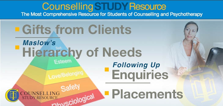 CT Podcast Ep20 - Gifts from Clients – Maslow’s Hierarchy of Needs – Following Up Enquiries – Counselling Placements. An image of Maslow's Triangle and a woman on the phone