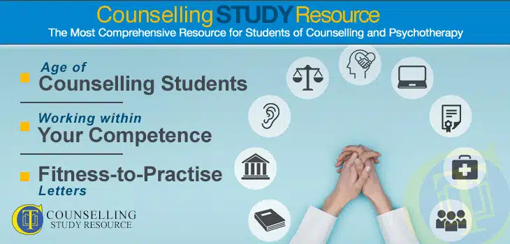 CT Podcast Ep77 - fitness to practice in counselling. A woman's clasped hands surrounded by a circle of icons standing for education, empathy, ethics, etc.