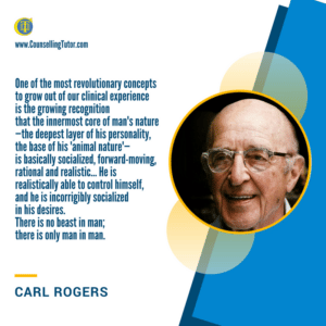 Carl Rogers Quote on man's nature Carl Rogers Quote: One of the most revolutionary concepts to grow out of our clinical experience is the growing recognition that innermost core of man's nature - the deepest layers of his personality, the base of his 'animal nature' - is basically socialized, forward-moving, rational and realistic... He is realistically able to control himself, and he is incorrigibly socialized in his desires. There is no beast in man, there is only man in man.