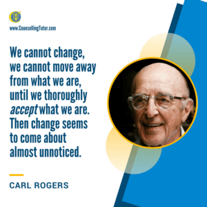 Carl Rogers Quote on Self-Acceptance Carl Rogers Quote: We cannot change, we cannot move away from what we are, until we thoroughly accept what we are. Then change seems to come about almost unnoticed.