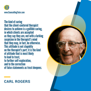 Carl Rogers Quote on Accepting Clients as They Are Carl Rogers Quote: The kind of caring that the client-centered therapist desires to achieve is a gullible caring, in which clients are accepted as they say they are, not with a lurking suspicion in the therapist's mind that they may, in fact, be otherwise. This attitude is not stupidity on the therapist's part; it is the kind of attitude that is most likely to lead to trust, to further self-exploration, and to the correction of false statements as trust deepens.