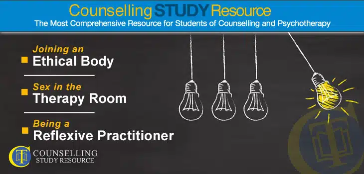 Counselling Tutor Podcast 90 - Reflexivity in Counselling. Chalk drawing of four lightbulbs on a blackboard. One of the bulbs is 'lighted' and is poised to swing against the other three which are lined up in a row.