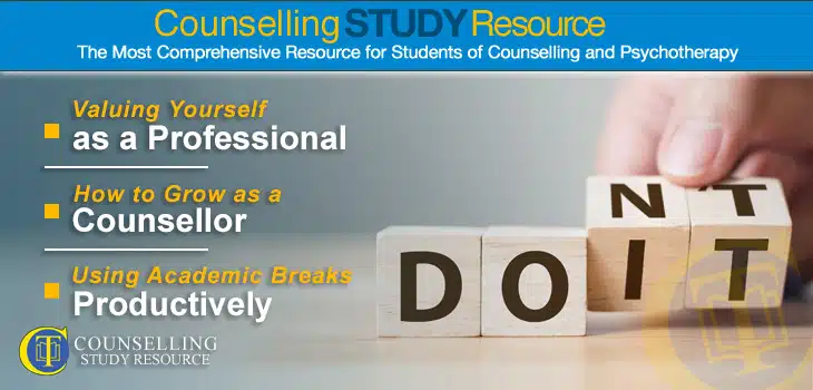 On the right, a hand flips wooden blocks to change the word "don't" to "do it". On the left, the topics for this episode: Valuing Yourself as a Professional – How to Grow as a Counsellor – Using Academic Breaks Productively