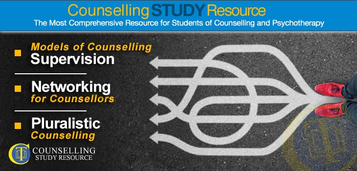 Counselling Tutor Podcast episode 116 featured image – A top view of a pair of feet and arrows drawn on the ground. The arrows point to the topics discussed in this episode which are: counselling supervision models; networking for counsellors and psychotherapists; and pluralistic counselling.