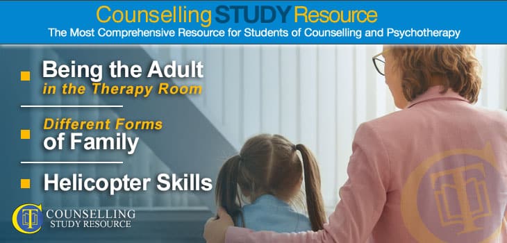 Featured image listing the topics discussed in episode 118 of the Counselling Tutor Podcast: Being the Adult in the Therapy Room – Different Forms of Family – Helicopter Skills. The image also shows a woman counsellor comforting a child.