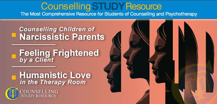 Counselling Tutor Podcast 119 featured image with the topics covered: Counselling Children of Narcissistic Parents – Feeling Frightened by a Client – Humanistic Love in the Therapy Room. Image also shows a woman's face in profile repeated thrice.