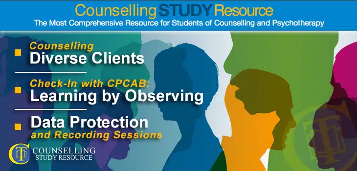 CT Podcast Ep129 featured image - Topics Discussed: Counselling diverse clients; Learning by observing more experienced therapists; Data protection on recording counselling sessions