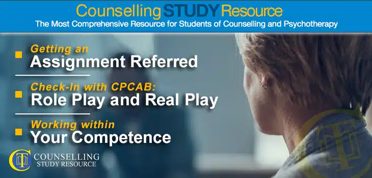 Counselling Tutor Podcast episode 132 featured image - Topics Discussed: Getting an assignment referred; Differences between role play and real play in peer work; Working within your competence in counselling