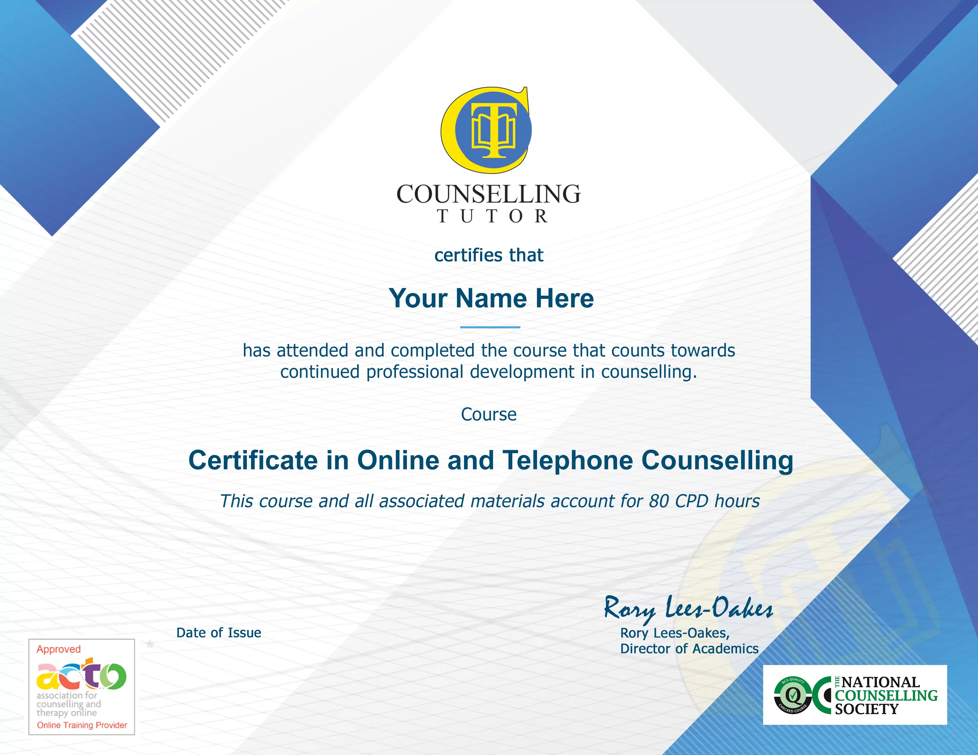 Online Counselling certificate NCS ACTO with name1
