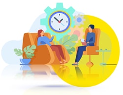 Pacing in Counselling - icon showing a therapist and client in session with a clock in the background