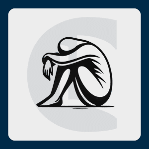 Black-and-white illustration of a person curled into themselves, symbolizing grief and emotional pain
