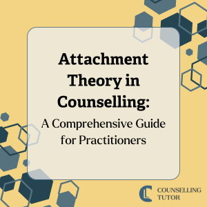 Graphic with the text “Attachment Theory in Counselling: A Comprehensive Guide for Practitioners”, surrounded by interlocking hexagons representing relational patterns and connection.