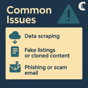 Graphic showing common digital identity threats for counsellors – data scraping, fake listings, and phishing or scam emails
