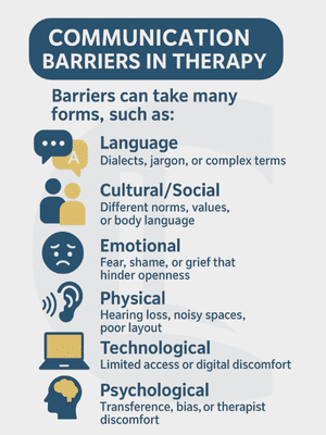 Infographic titled "Communication Barriers in Therapy." Lists six types: language, cultural/social, emotional, physical, technological, and psychological — each with brief examples like jargon, body language, fear, hearing loss, digital discomfort, and therapist bias.