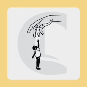 Illustration of a child reaching up to a caring hand, symbolising support, connection and therapeutic guidance in child bereavement.