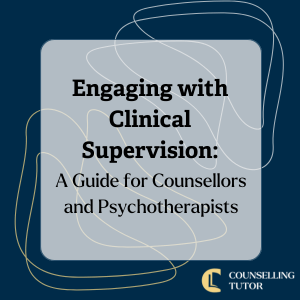 Square tile for “Engaging with Clinical Supervision: A Guide for Counsellors and Psychotherapists” on a navy background with the Counselling Tutor logo. Stylised abstract line shapes decorate the edges.