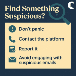 Cybersecurity tips graphic for counsellors – instructions on what to do if you find something suspicious online, including not panicking, reporting it, and avoiding suspicious emails.