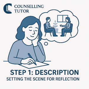 Illustration of a person reflecting on a counselling session – Step 1 of Gibbs’ Cycle: Description, setting the scene for reflection
