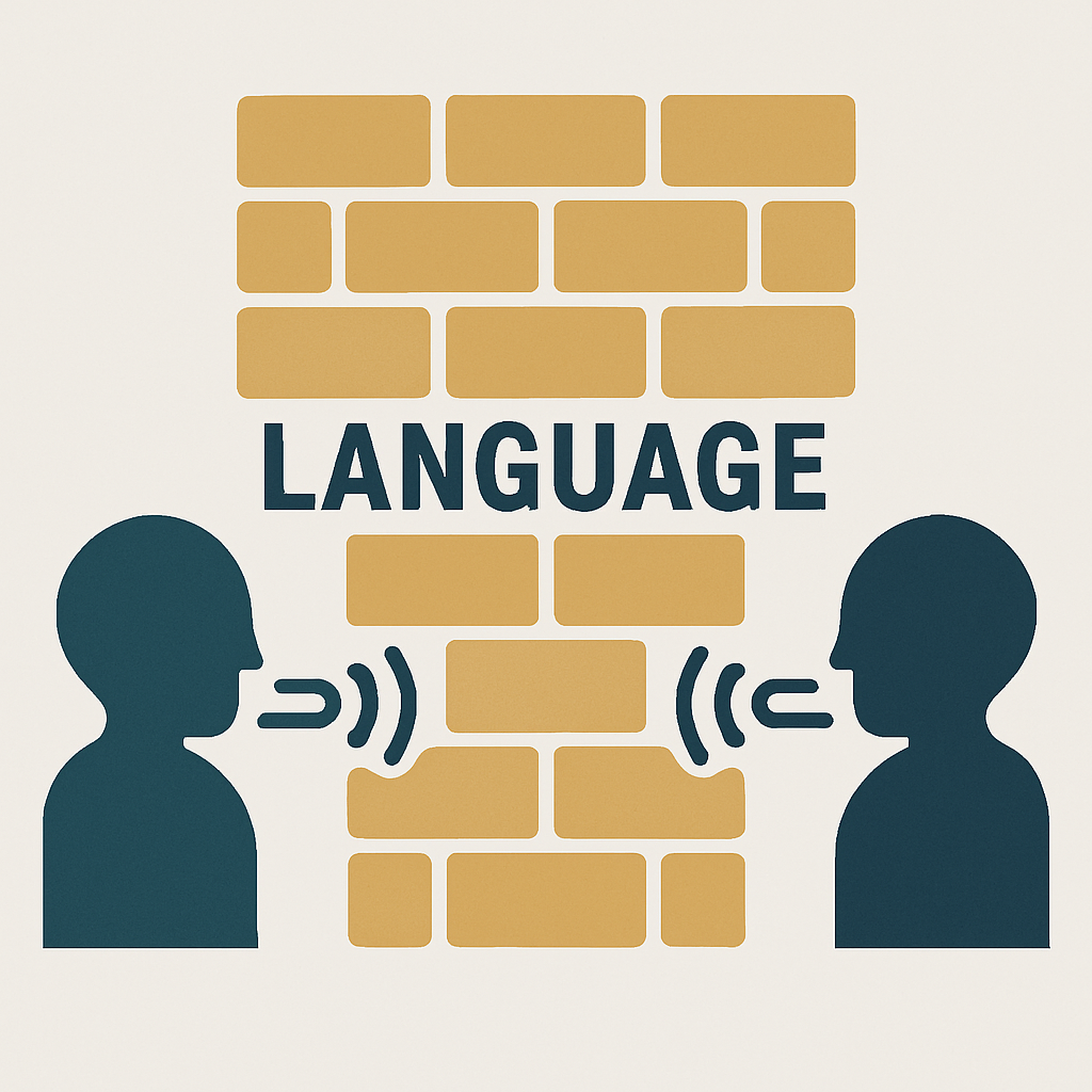 Graphic of two people trying to speak, separated by a brick wall labelled “Language” — illustrating a language barrier.