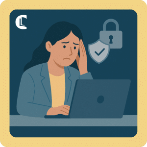 Worried counsellor looking at laptop, with security icons in background symbolising concerns about online privacy and digital identity protection.