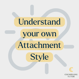 Text graphic encouraging readers to “Understand your own Attachment Style” with stylised chain links in the background, highlighting self-awareness in therapy.