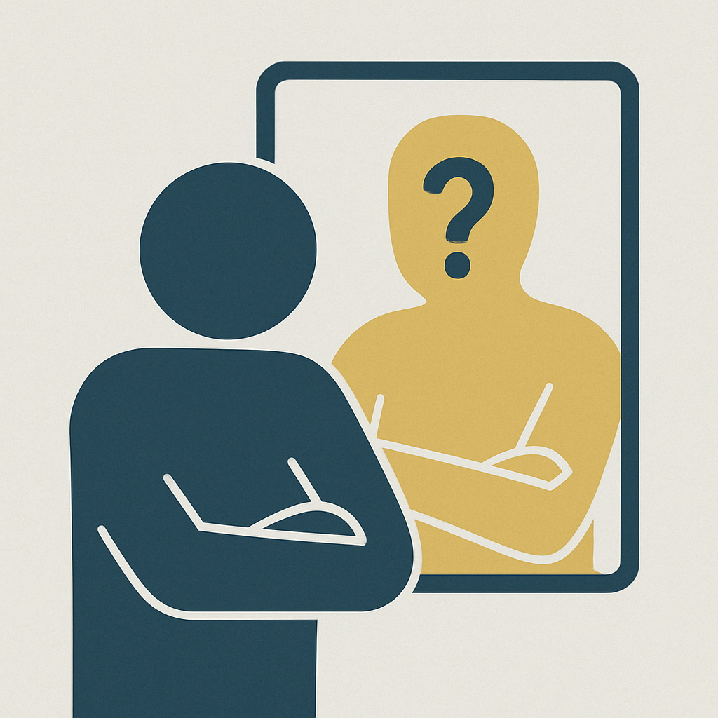 Person looking in a mirror, but the reflection is vague with a question mark — symbolising therapist uncertainty or lack of self-awareness.