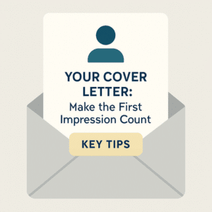 Graphic for counselling job applications showing an envelope with a letter titled ‘Your Cover Letter: Make the First Impression Count’. Highlights key tips for writing a strong counselling cover letter as part of building a standout counselling CV.