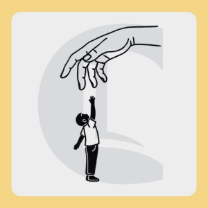 Black-and-white illustration of a small child reaching up towards a larger adult hand, symbolising early attachment needs and caregiver bonding in child development.