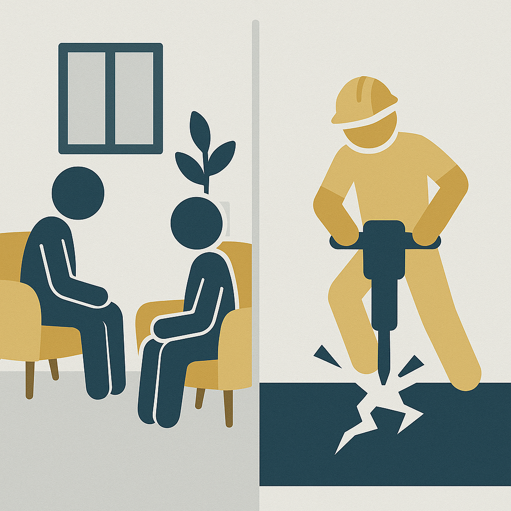 Split image: one side shows two people talking in a quiet room; the other shows construction noise from a jackhammer outside — illustrating environmental distraction in therapy.
