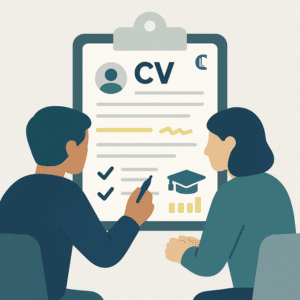 Illustration of two peers or colleagues reviewing a CV together. The CV is displayed on a clipboard. Represents the importance of refining your counselling CV and seeking feedback to improve job applications.