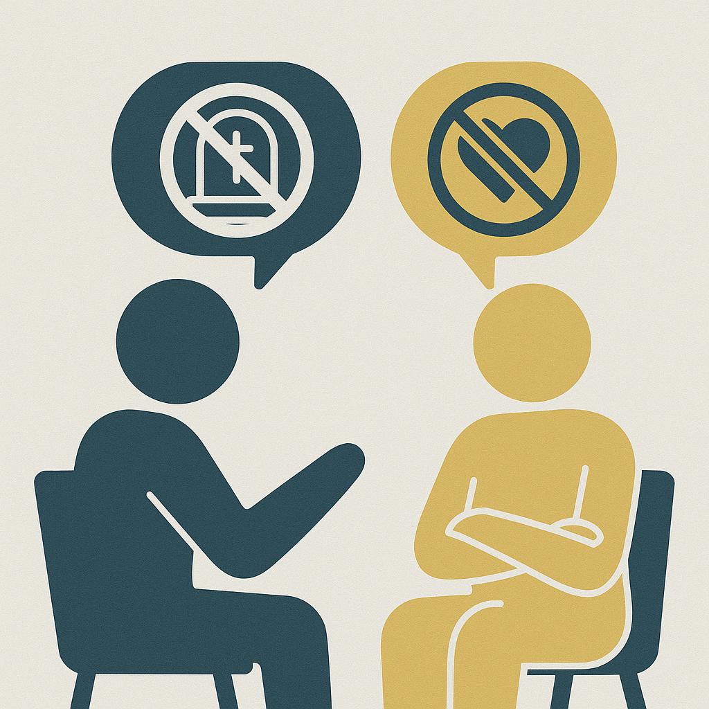 Two people talking; one speech bubble shows a gravestone crossed out, the other a heart crossed out — symbolising cultural or social taboos that block open discussion in therapy.