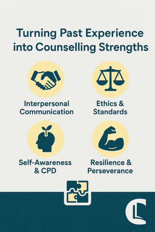 Infographic titled ‘Turning Past Experience into Counselling Strengths’ with icons and labels for: Interpersonal Communication (handshake icon), Ethics & Standards (scales icon), Self-Awareness & CPD (head with plant icon), and Resilience & Perseverance (flexed arm icon). Counselling Tutor logo appears at the bottom.