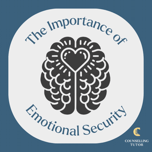 Illustrated brain with heart at its centre, surrounded by text “The Importance of Emotional Security” on a blue background.
