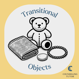 Black-and-white illustration of comfort items – teddy bear, folded blanket, bracelet, and small disc – with text “Transitional Objects” on a yellow background.