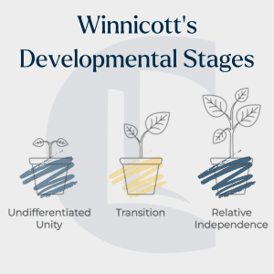 Three potted plant illustrations showing stages of growth labelled “Undifferentiated Unity”, “Transition”, and “Relative Independence” under heading “Winnicott’s Developmental Stages”.