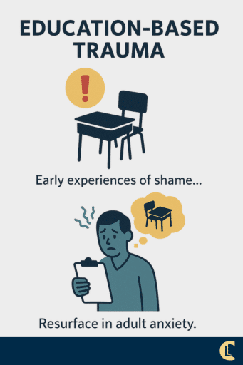 Education-based trauma illustration showing school shame linked to adult anxiety.