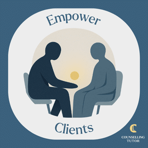 Two abstract human figures seated facing each other with a warm yellow circle between them, symbolising connection and empowerment, with the words ‘Empower Clients’ above and below.
