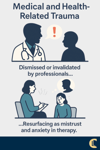 Medical and health-related trauma illustration showing invalidation by professionals leading to mistrust and anxiety in therapy.