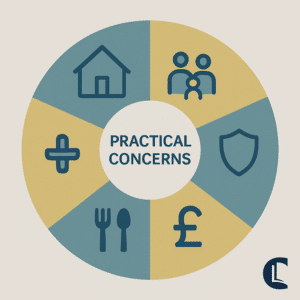 Wheel diagram labelled ‘Practical Concerns’ in the centre, with six surrounding icons representing key needs: housing, family, safety, money, food, and health.