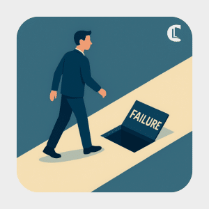 Illustration of a man walking toward a trapdoor labelled ‘Failure,’ representing fear of failure in counselling and psychotherapy."