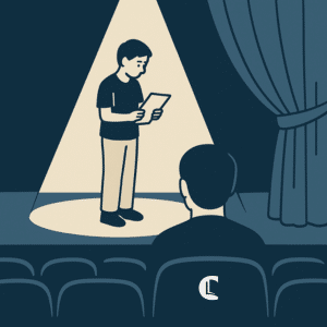 Illustration of a person standing under a spotlight on stage, reading from a script while a counsellor watches, symbolising how rehearsed material in counselling can sound practised rather than authentic.
