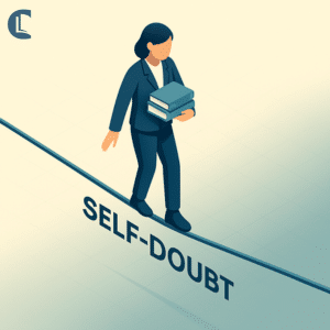 Illustration of a woman carrying books while walking a tightrope labelled ‘Self-Doubt,’ symbolising the challenges of imposter syndrome in counselling and psychotherapy.