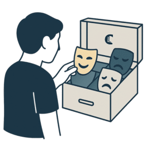Illustration of a person choosing from a box of theatrical masks showing happy, sad, and neutral expressions, representing how rehearsed material in counselling can involve presenting different emotions or roles.