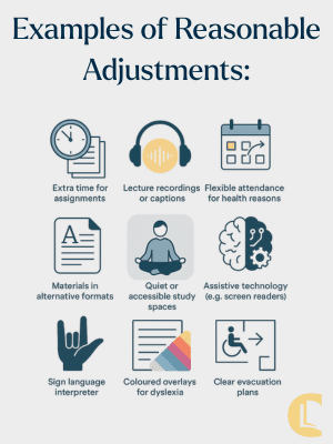 Infographic showing examples of reasonable adjustments for counselling students, including extra time for assignments, lecture recordings, flexible attendance, accessible materials, quiet study spaces, assistive technology, sign language interpreters, coloured overlays for dyslexia, and clear evacuation plans.