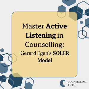 Square graphic with hexagonal accents and text: ‘Master Active Listening in Counselling: Gerard Egan’s SOLER Model.’ Counselling Tutor logo appears at the bottom.