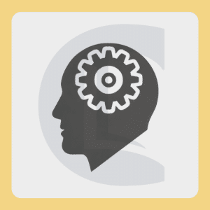 Illustration of a head silhouette with a cog inside, representing specialised knowledge, reflective practice, and professional understanding in autism-informed counselling.
