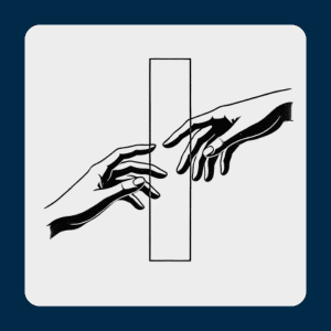 Minimalist drawing of two hands reaching toward each other but separated by a barrier, symbolising isolation in grief.