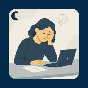 Counselling student feeling stressed while studying on a laptop, representing the need for reasonable adjustments in counselling training.
