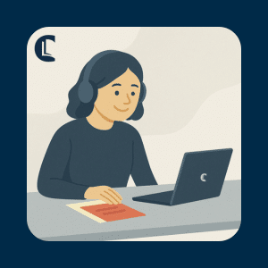 Counselling student using headphones and studying comfortably on a laptop, with a coloured overlay, illustrating how reasonable adjustments can support learning.