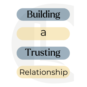 Minimalist graphic with stacked rounded rectangles containing the text “Building a Trusting Relationship”.